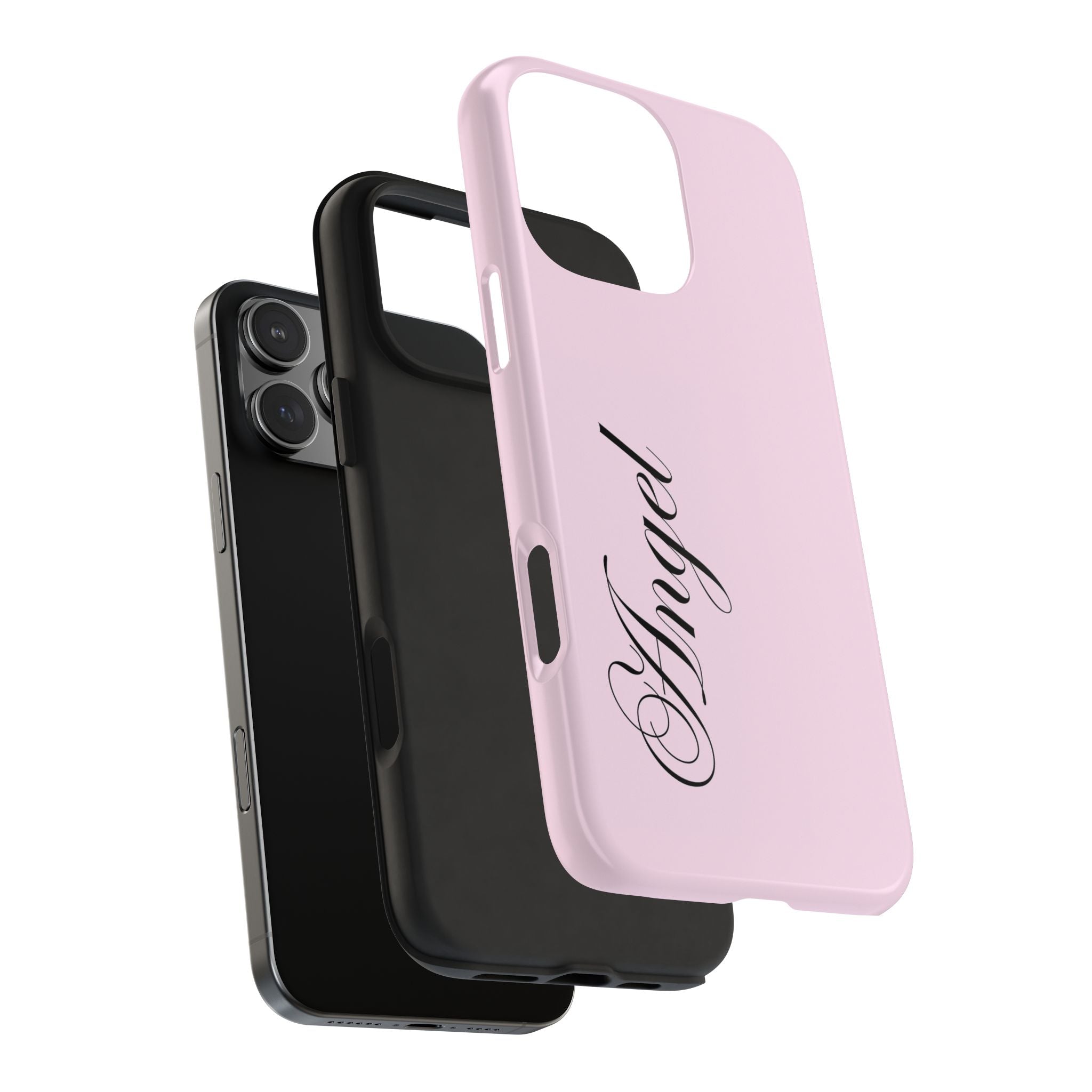 Pink angel phone case with cursive angel design, angled back view
