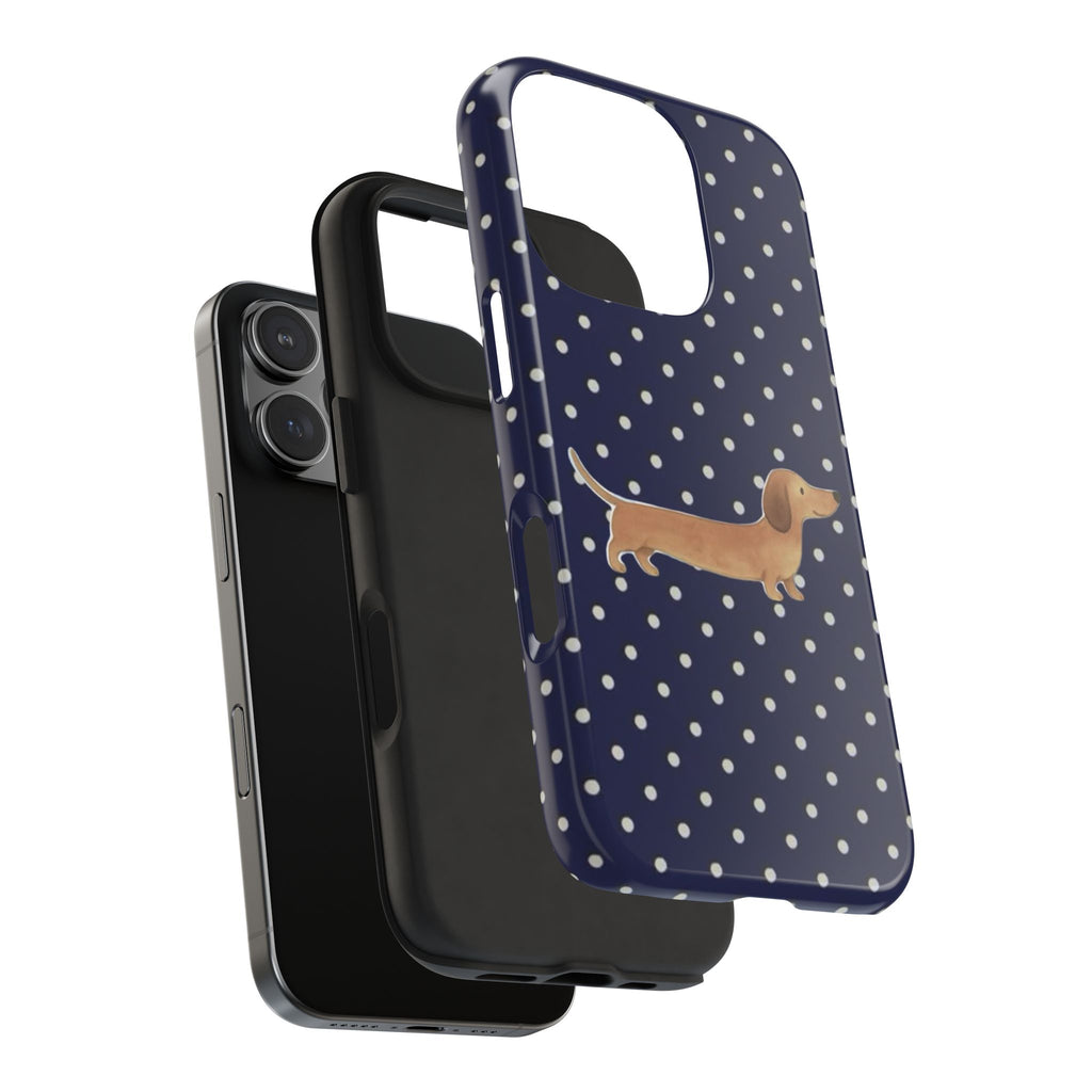 NAVY BLUE POLKA DOTS DACHSHUND PHONE CASE