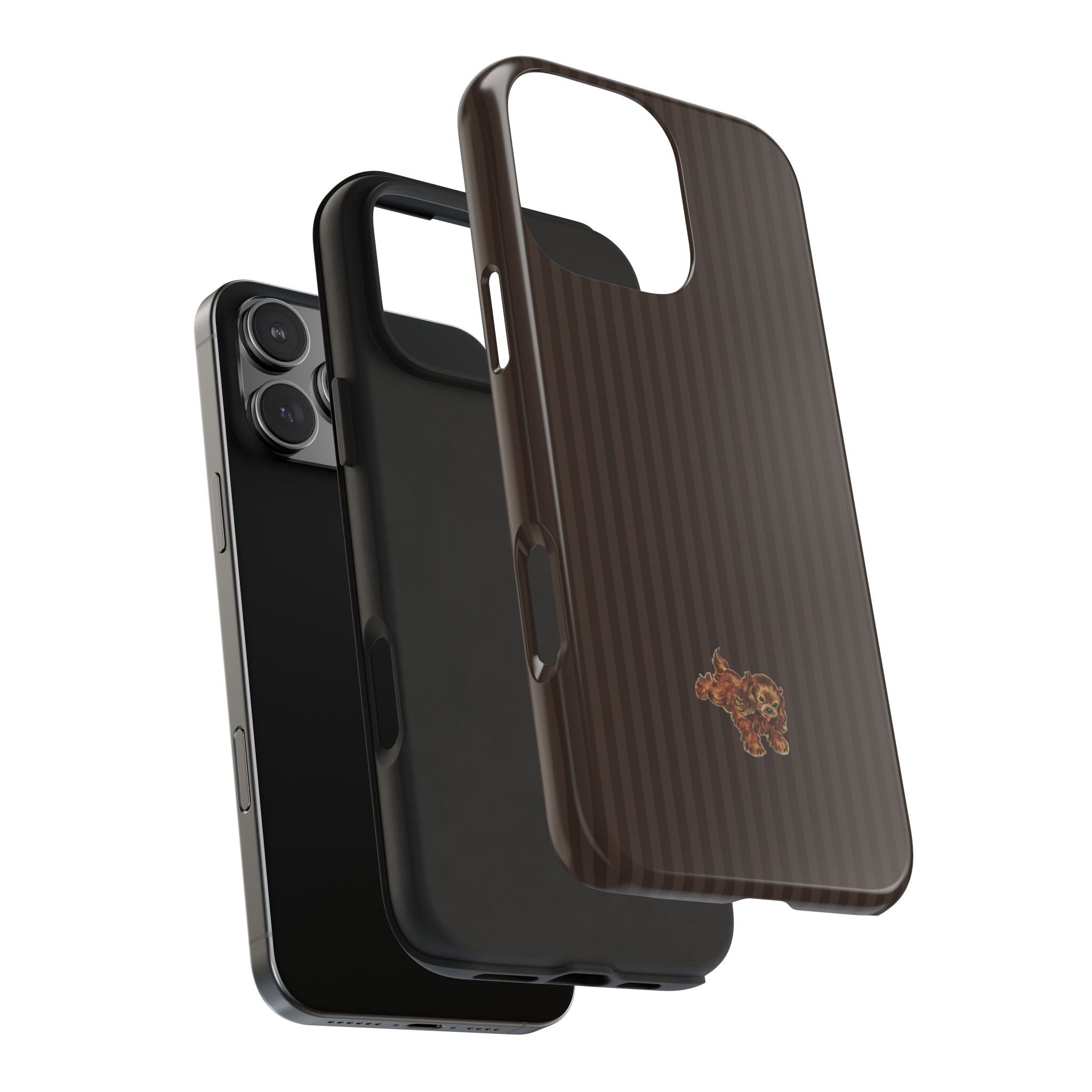 Brown striped phone case at angle with side cutouts and puppy emblem