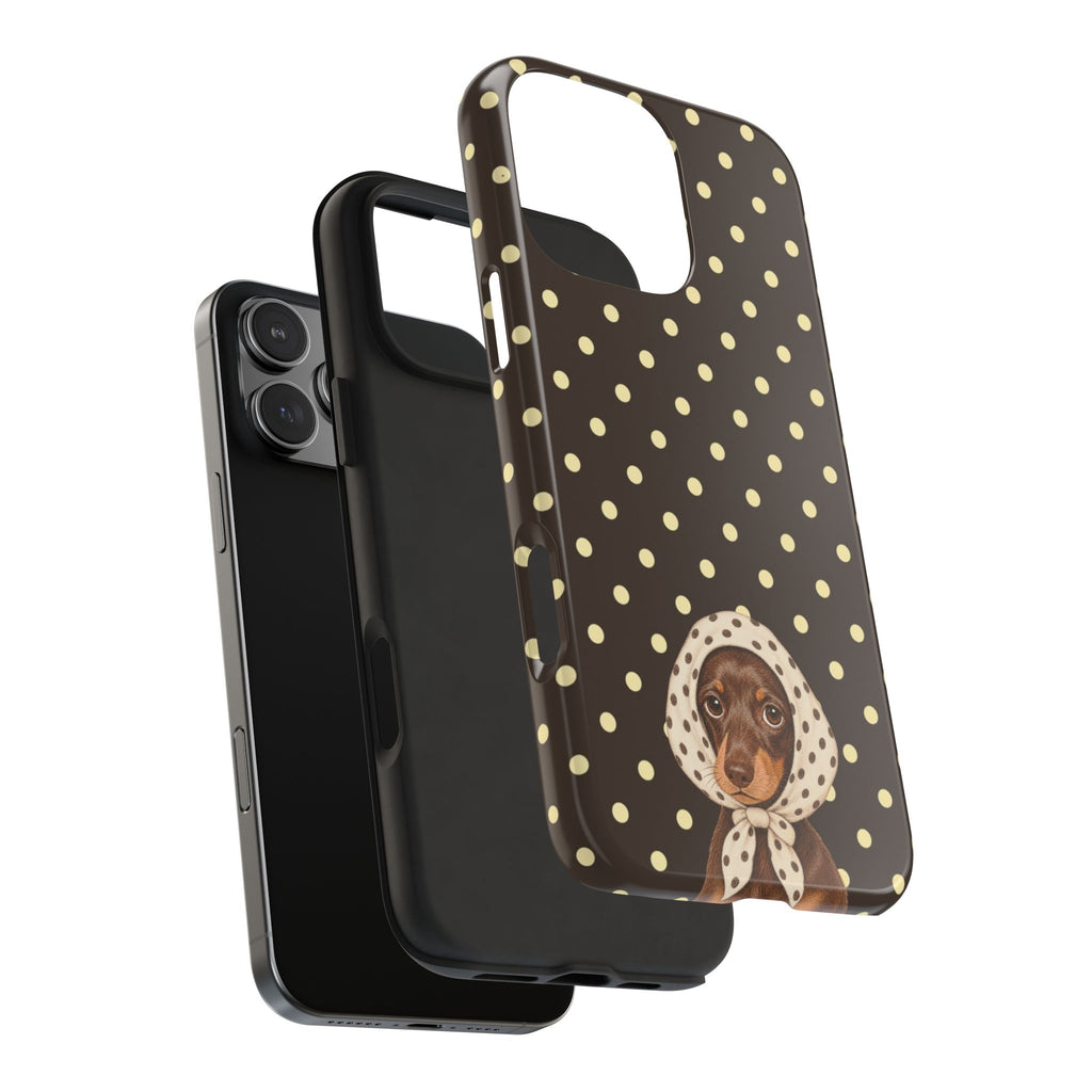 Brown polka dot dachshund phone case with white scarf, side and back visible