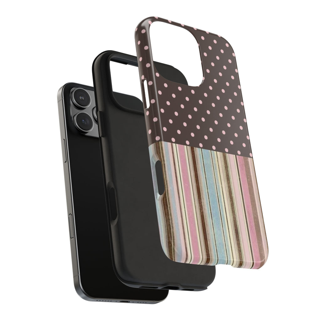 BROWN POLKA DOTS & PINK STRIPES COQUETTE PHONE CASE