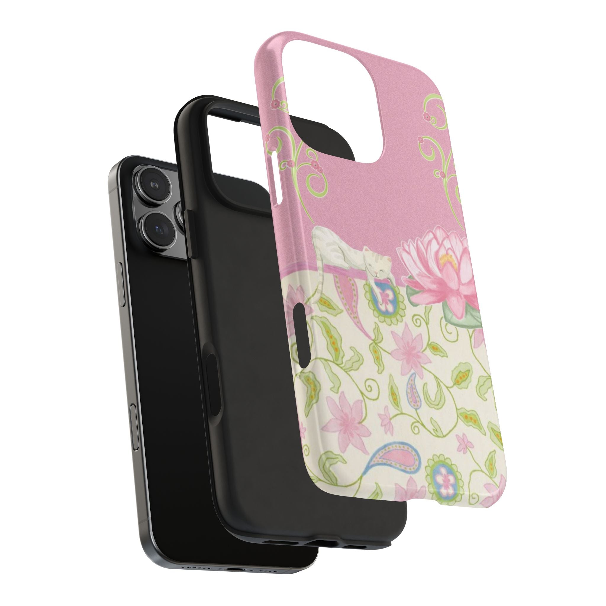 PINK & GREEN WHIMSY FLORAL CAT PHONE CASE