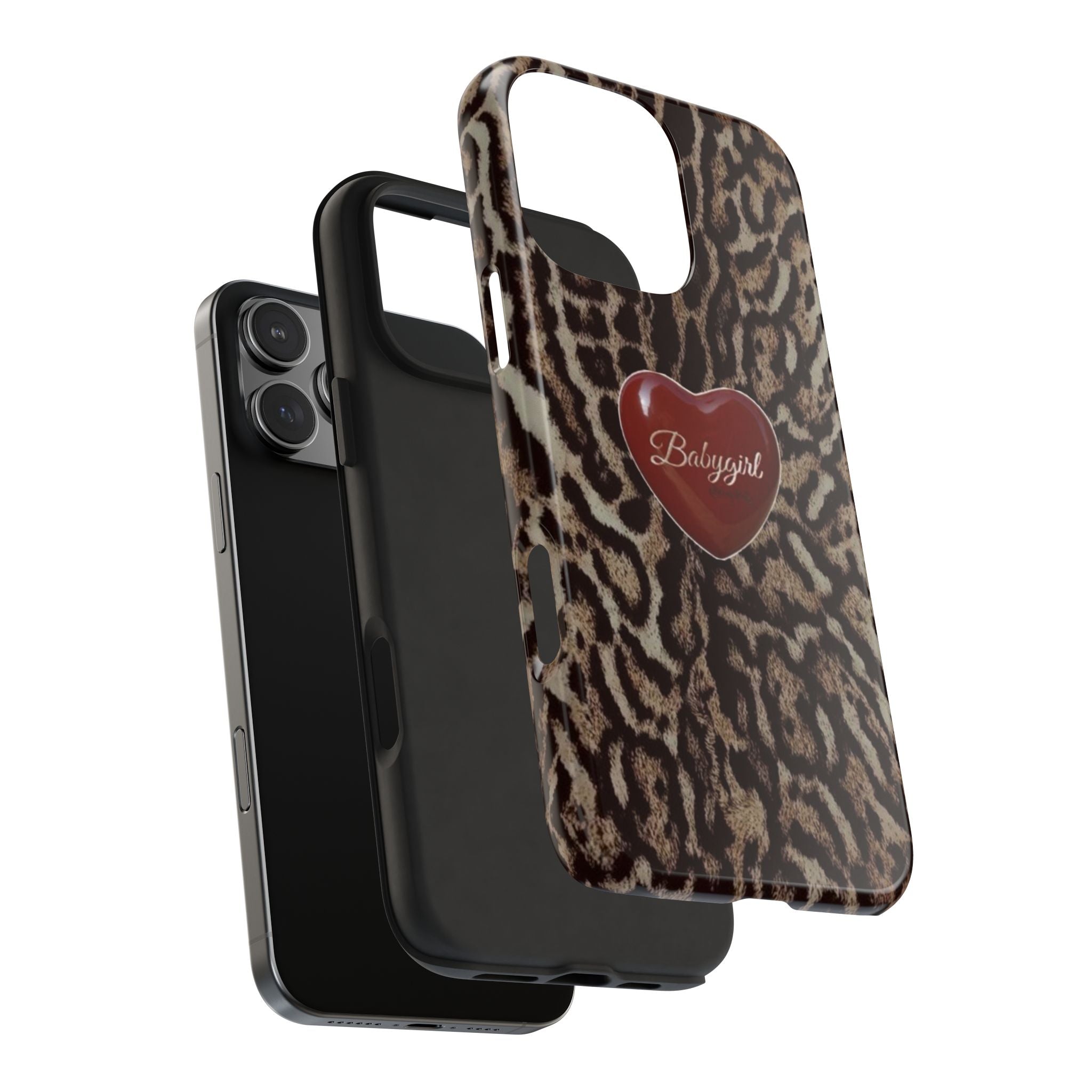 Leopard print phone case with heart Babygirl logo, raised edge, and cutout