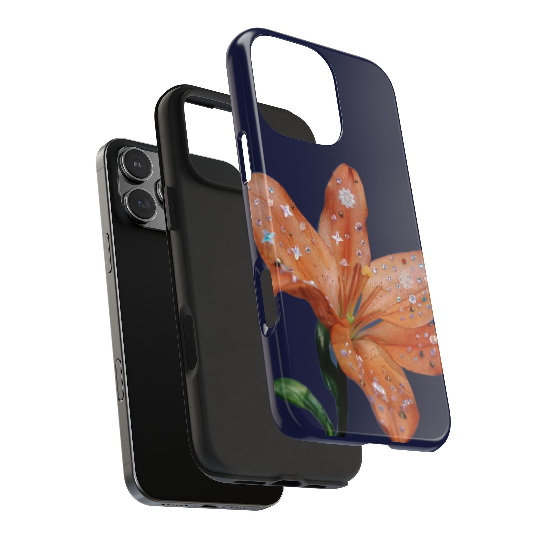 NAVY EMBELLISHED ORANGE LILY FLOWER PHONE CASE