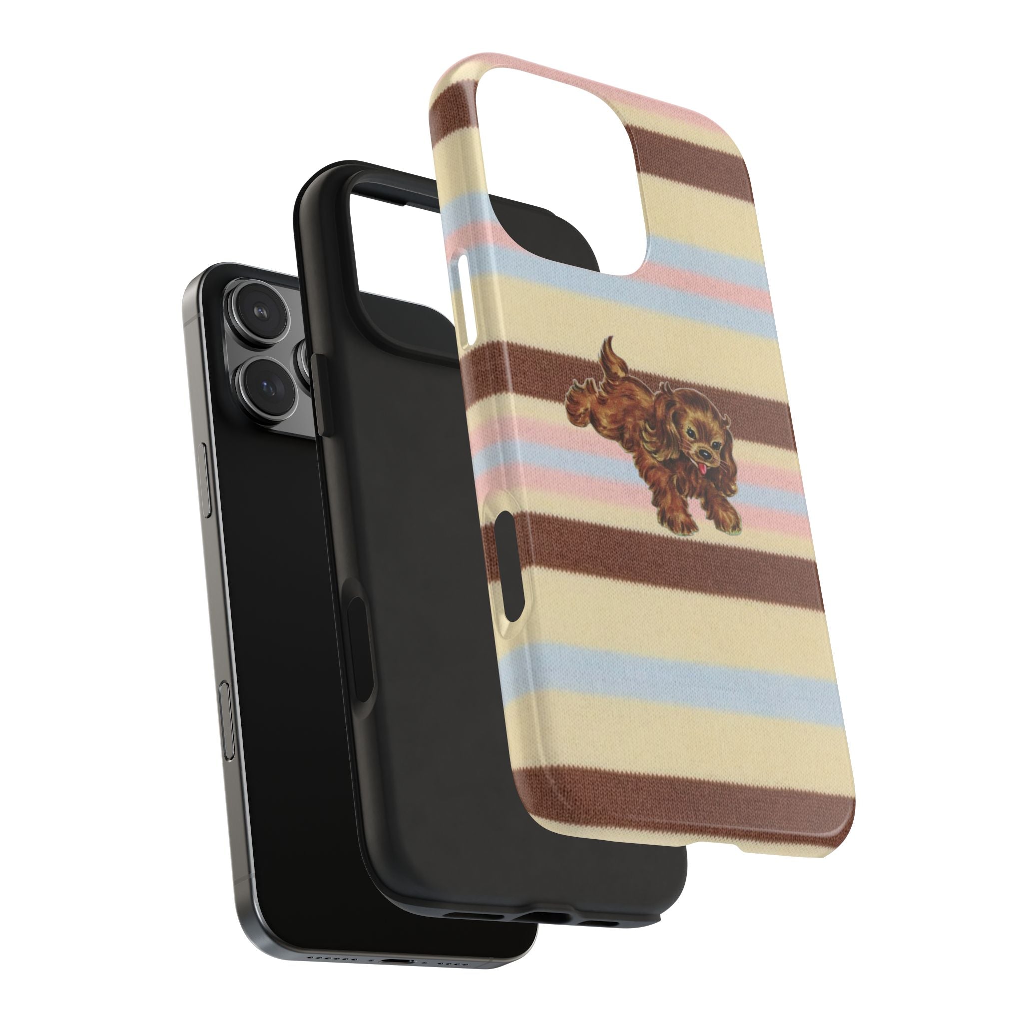 Puppy phone case with pastel and brown stripes, dog graphic, shown in angled side view