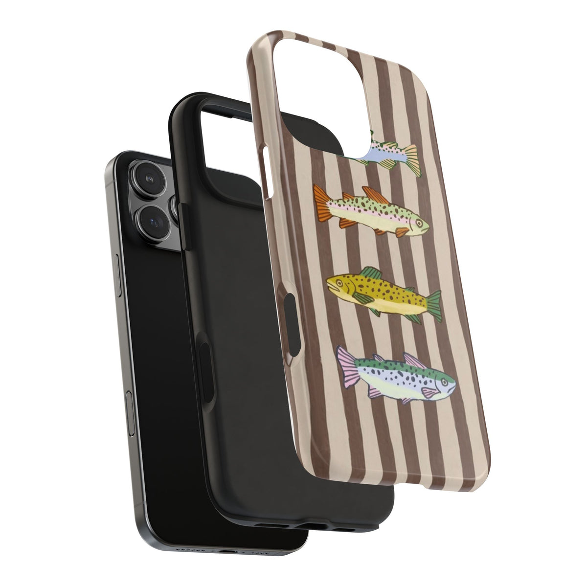 Brown striped phone case with sardine pattern, raised edges, and camera openings
