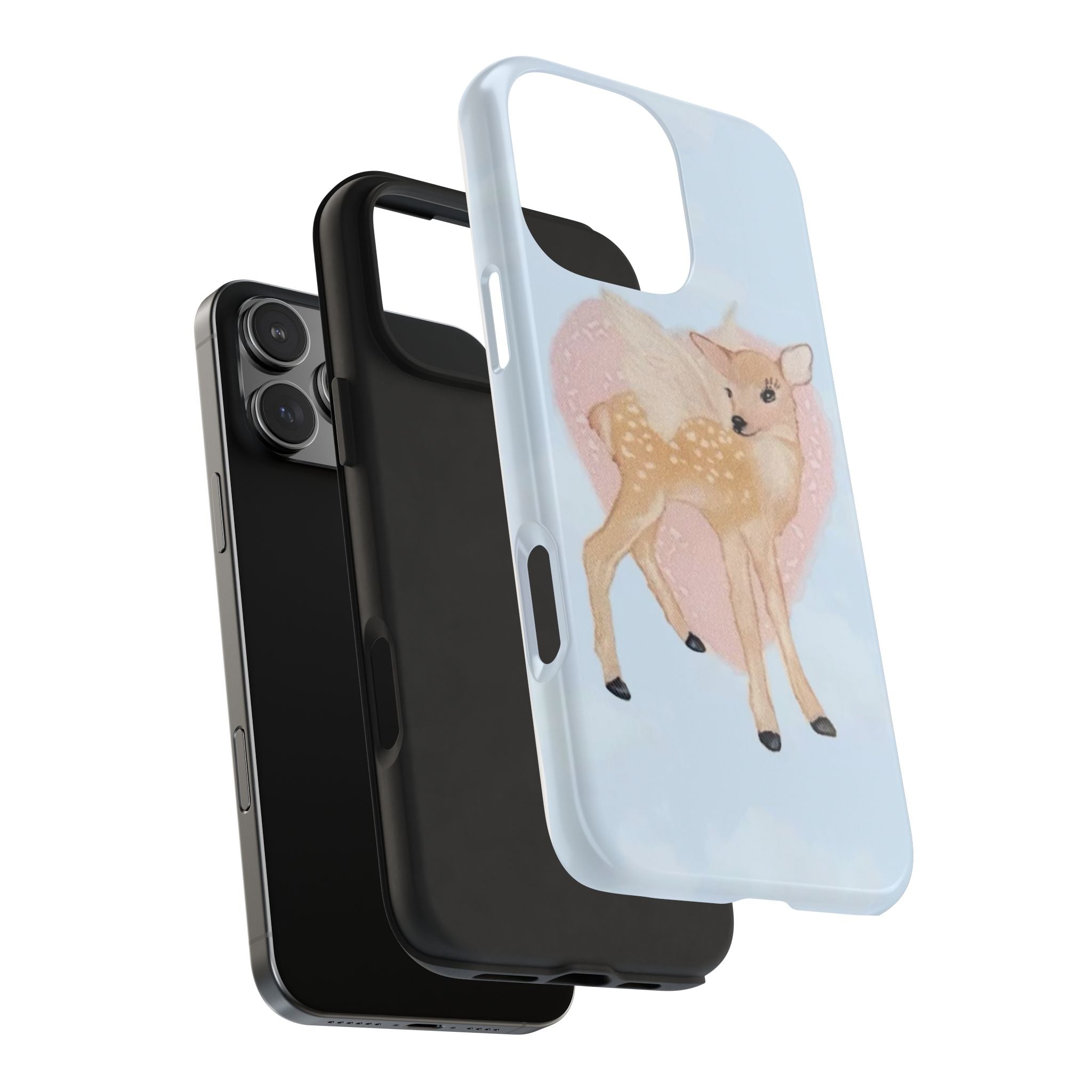 Light blue phone case with deer-in-heart design, shown with a black case behind