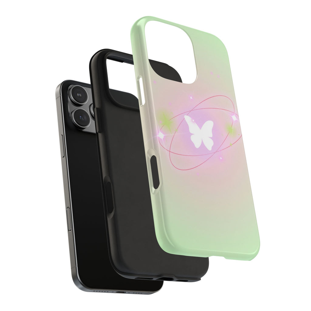 Mint and black phone cases with butterfly aura motif and camera cutouts