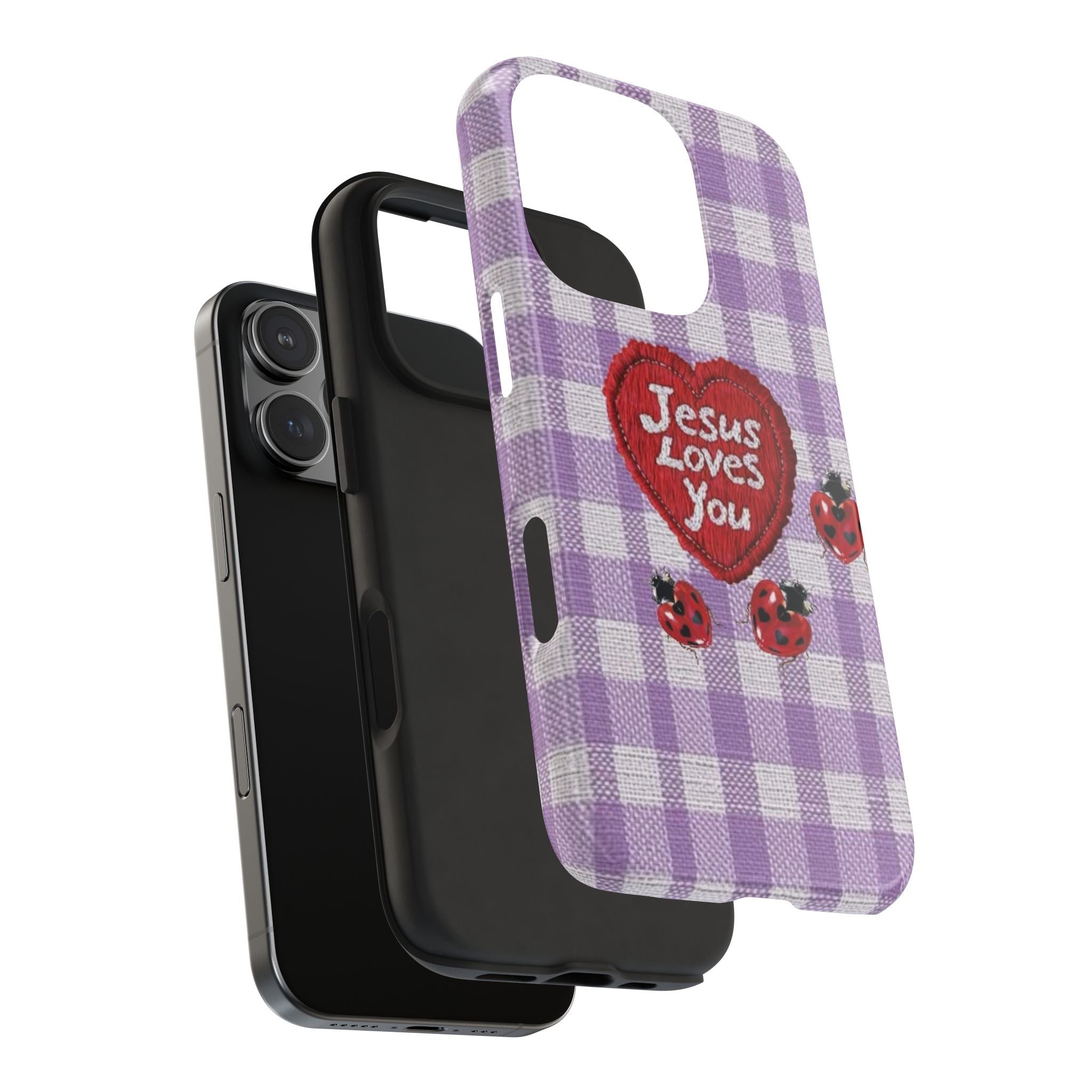 PURPLE GINGHAM JESUS LOVES YOU LADYBUG PHONE CASE