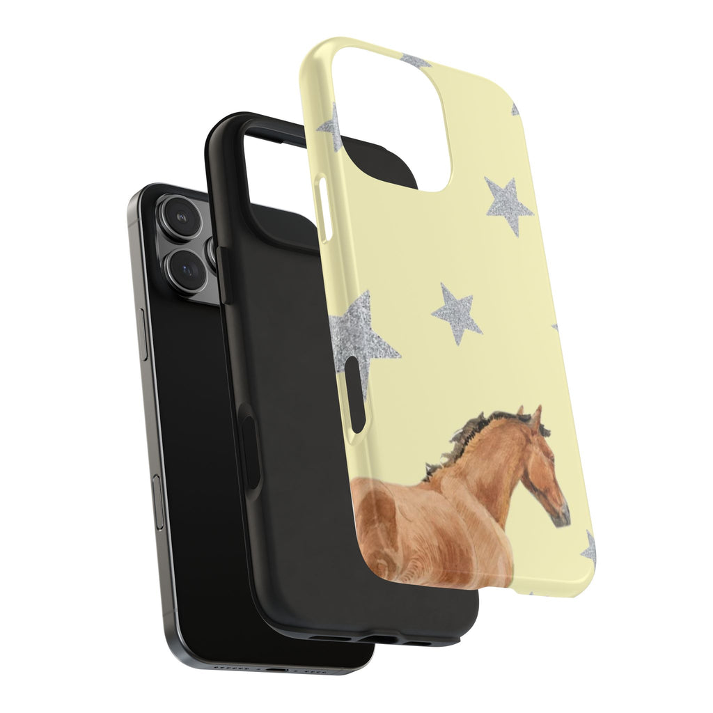 Yellow western horse phone case with star accents, edge and camera openings shown