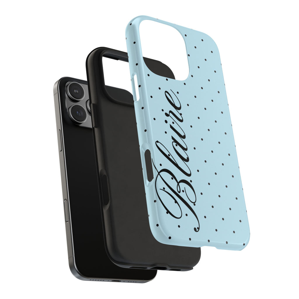 PERSONALIZED NAME CUSTOM BLUE & BLACK POLKA DOTS PHONE CASE
