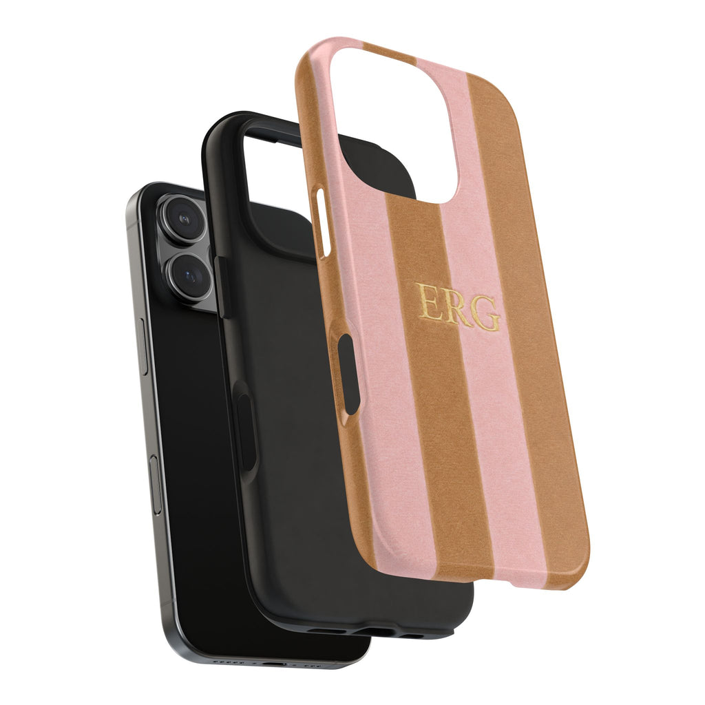 PERSONALIZED BEIGE & PINK STRIPES INITIALS NAME CUSTOM PHONE CASE