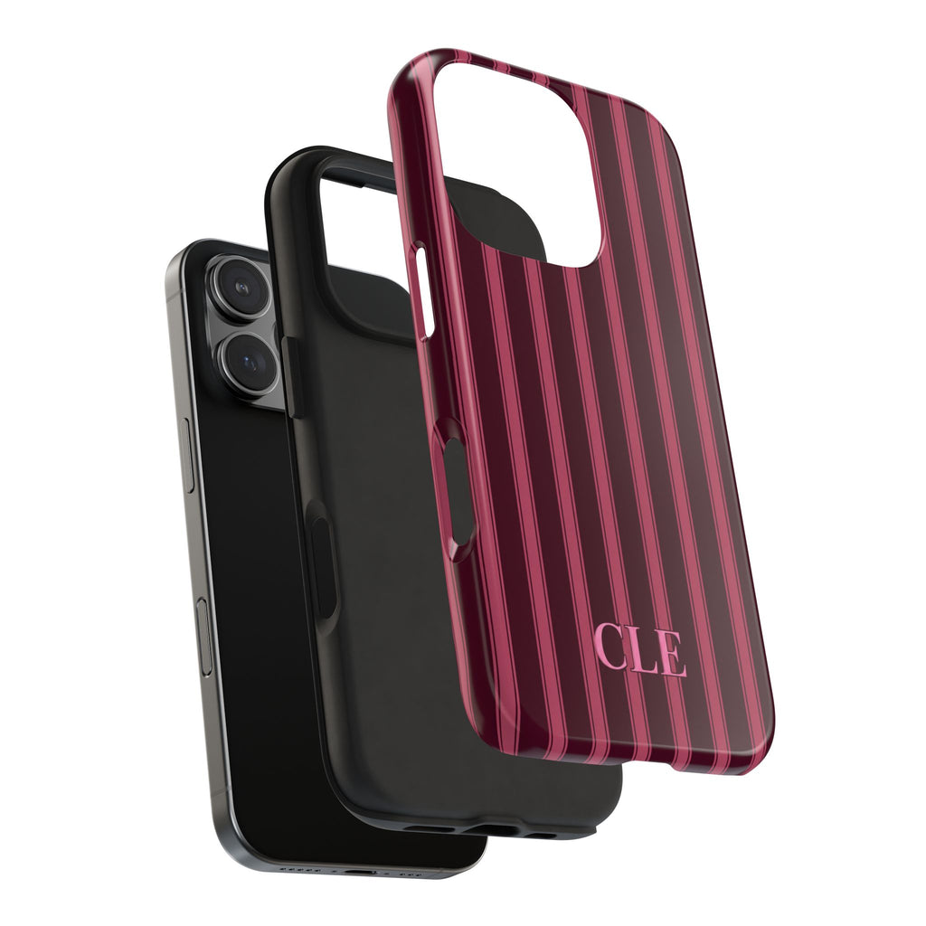 PERSONALIZED DARK CHERRY CLASSIC STRIPES INITIALS NAME CUSTOM PHONE CASE
