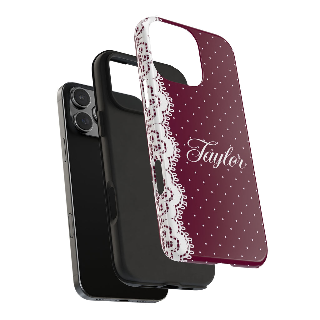 PERSONALIZED BURGUNDY POLKA DOTS WHITE LACE CUSTOM NAME PHONE CASE