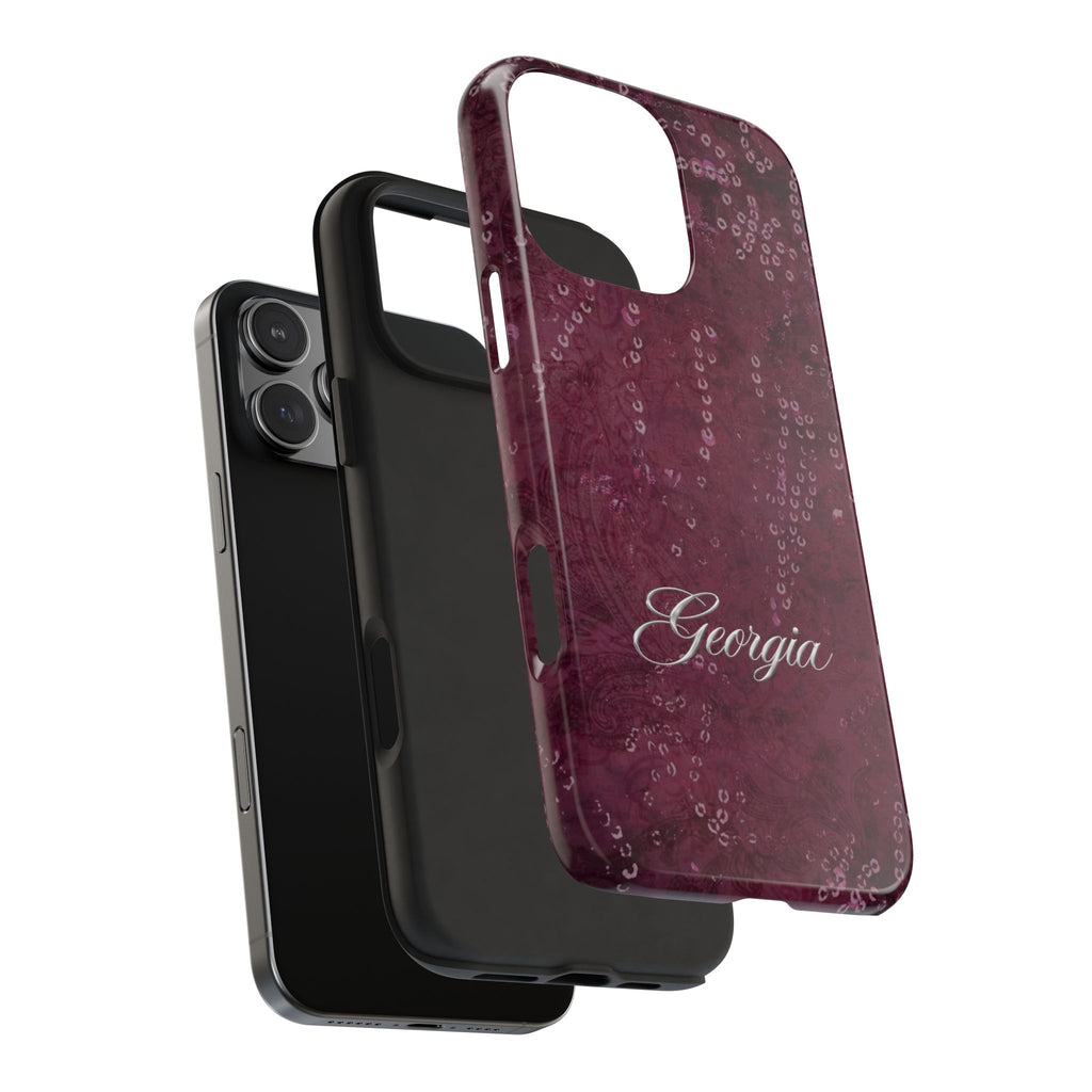 PERSONALIZED BURGUNDY SILVER CUSTOM NAME PHONE CASE