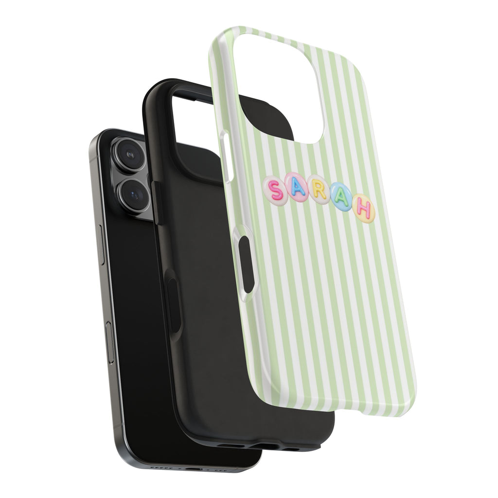 PERSONALIZED GREEN STRIPES LETTER BEADS CUSTOM NAME PHONE CASE