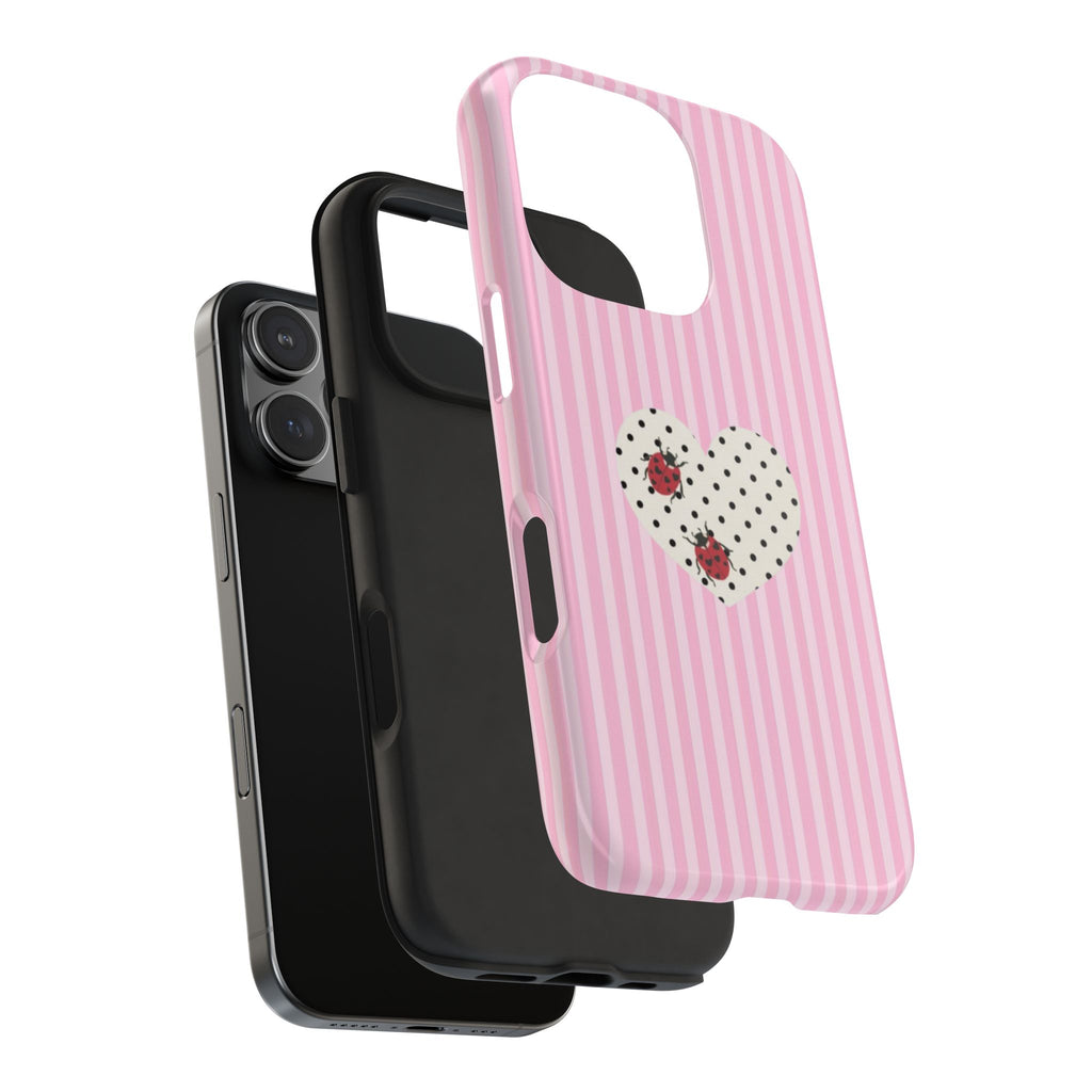 PINK STRIPES LADYBUG HEART PHONE CASE