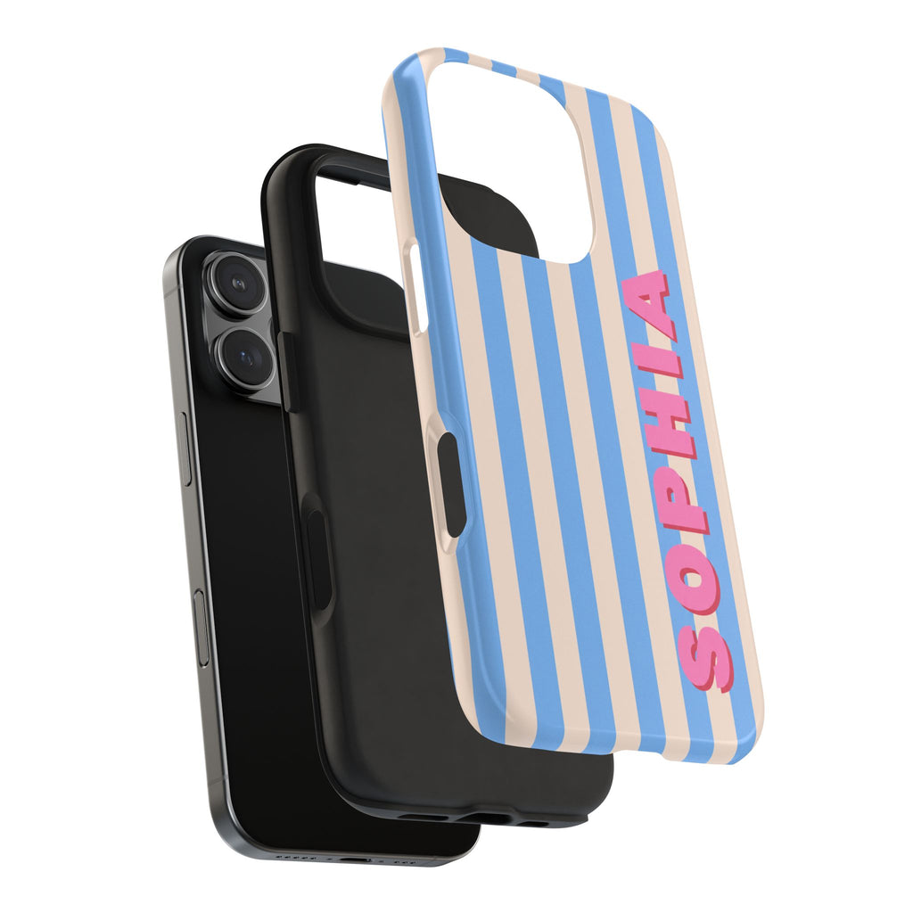 PERSONALIZED RETRO CABANA STRIPES BLUE CUSTOM NAME PHONE CASE