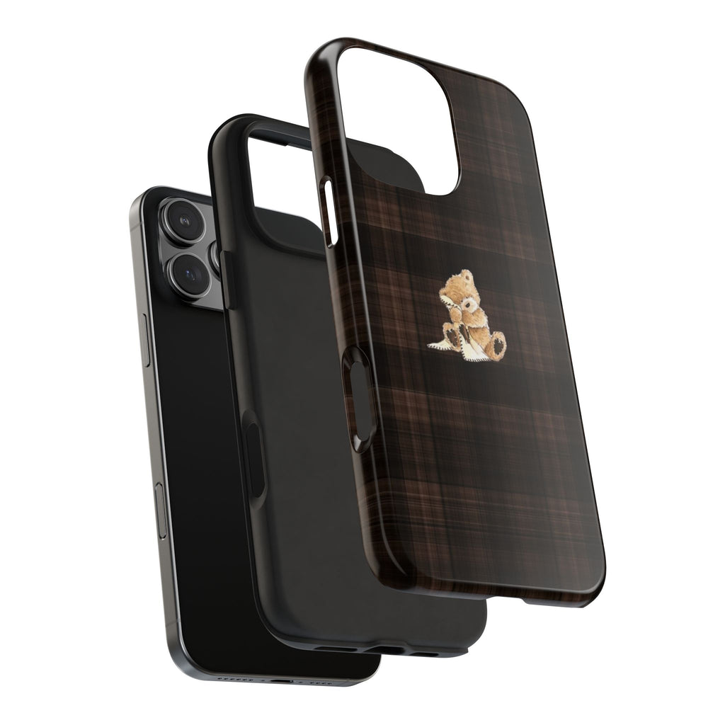 DARK BROWN PLAID MINI COZY TEDDY BEAR PHONE CASE