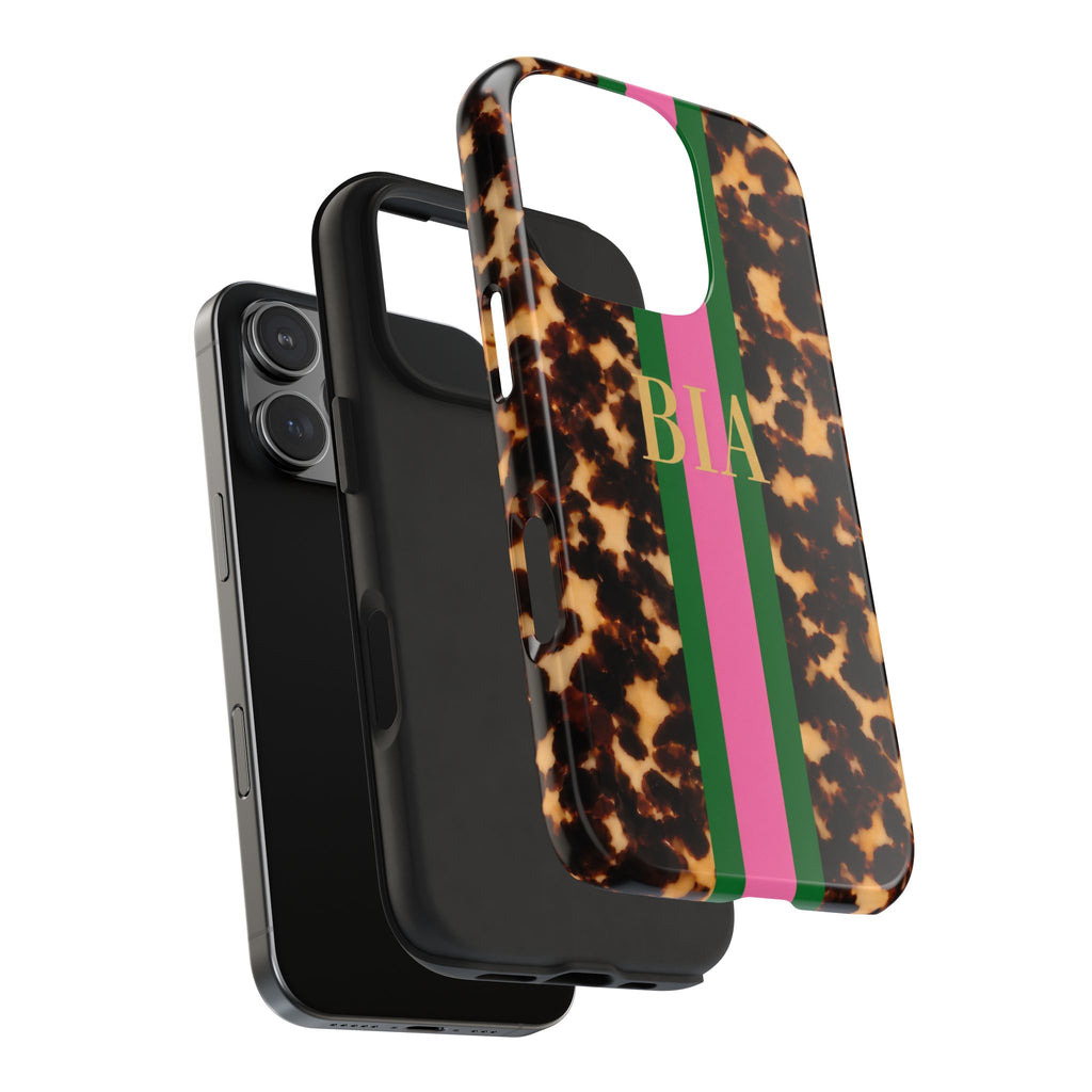 PERSONALIZED TORTOISE SHELL PINK & GREEN MONOGRAM STRIPE INITIALS CUSTOM NAME PHONE CASE