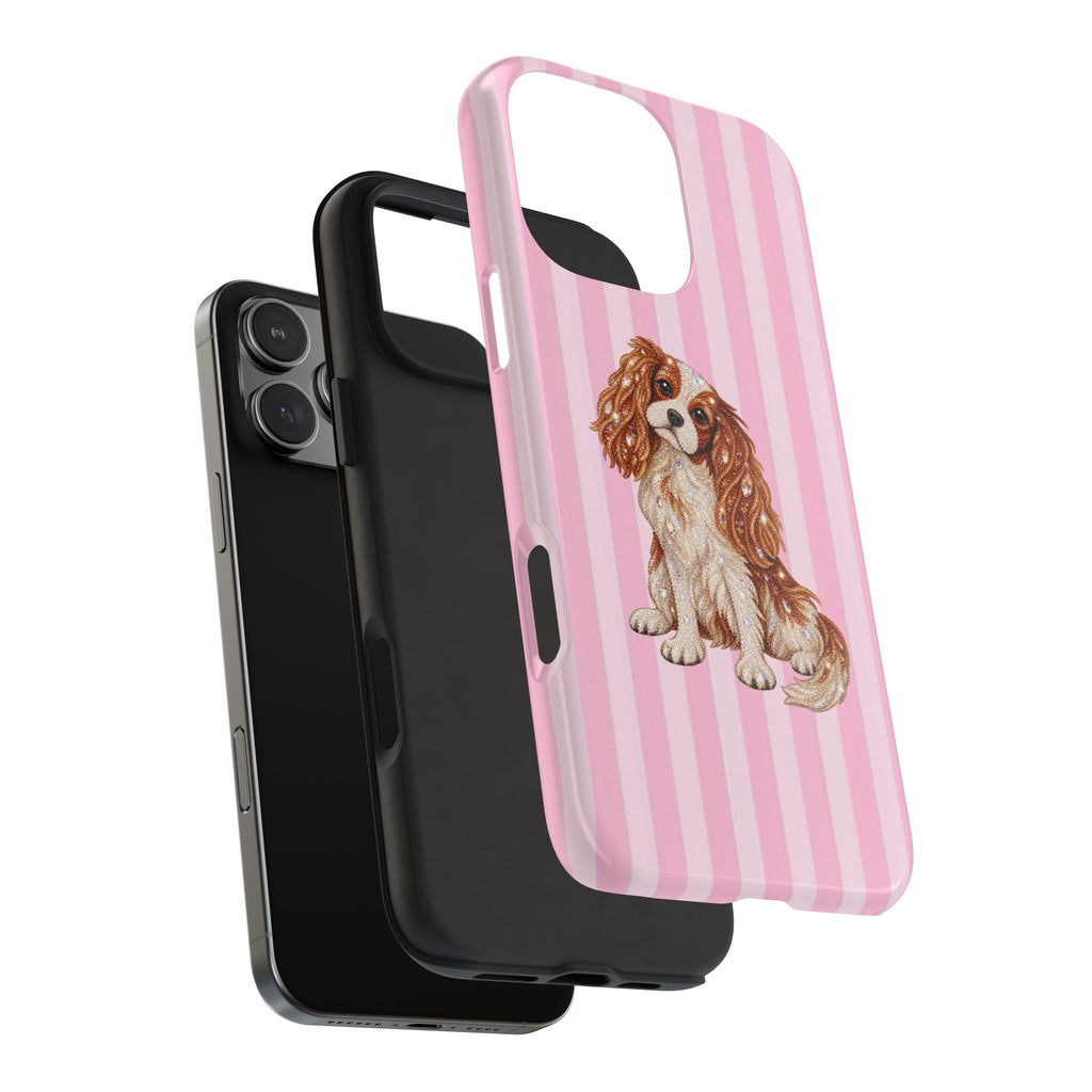 PINK STRIPES KING CHARLES CAVALIER DOG PHONE CASE