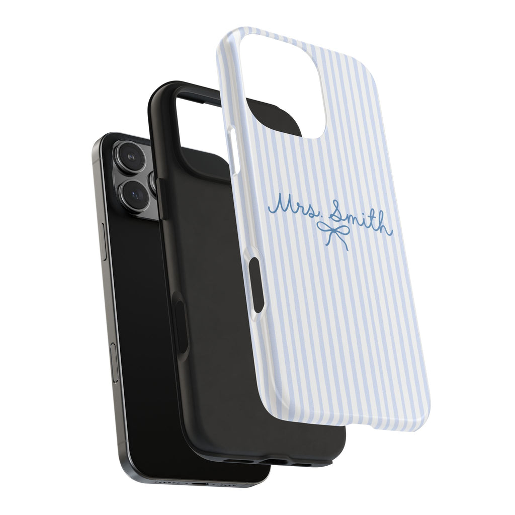 PERSONALIZED BLUE STRIPES MRS BRIDAL BOW CUSTOM NAME WEDDING PHONE CASE