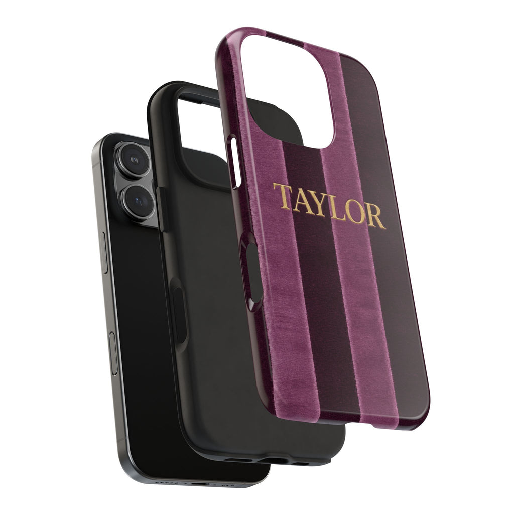 PERSONALIZED DARK CHERRY VELVET STRIPES INITIALS NAME CUSTOM PHONE CASE