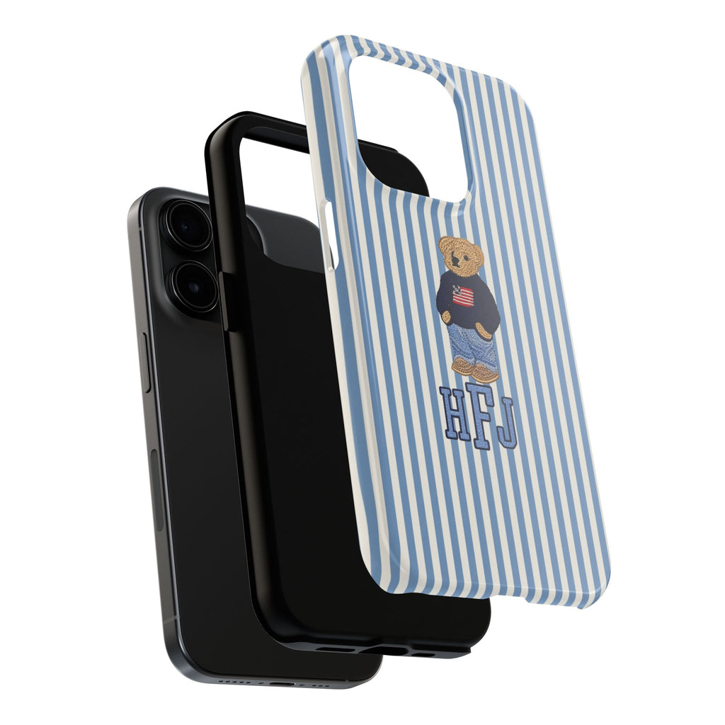 PERSONALIZED BLUE STRIPES CLASSIC TEDDY BEAR CUSTOM MONOGRAM INITIALS PHONE CASE