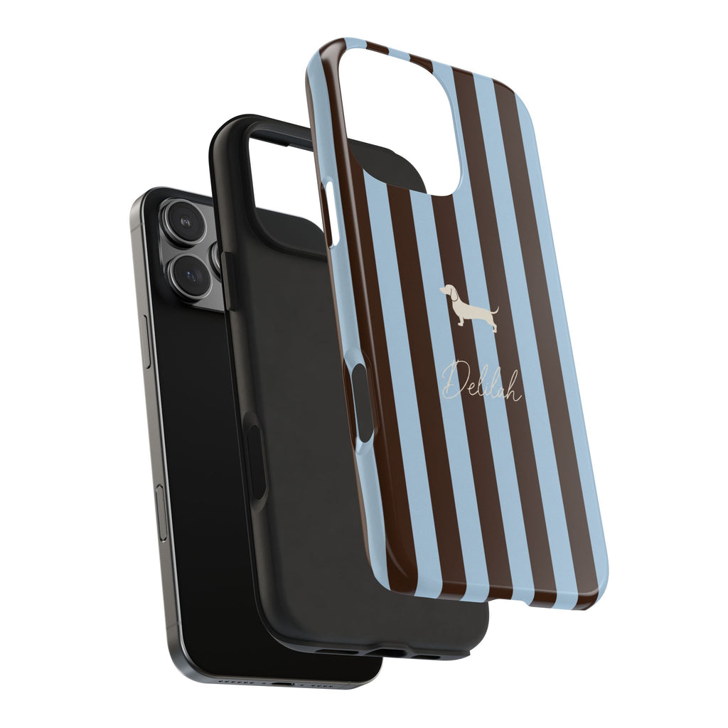 PERSONALIZED BROWN & BLUE STRIPES DACHSHUND CUSTOM NAME PHONE CASE