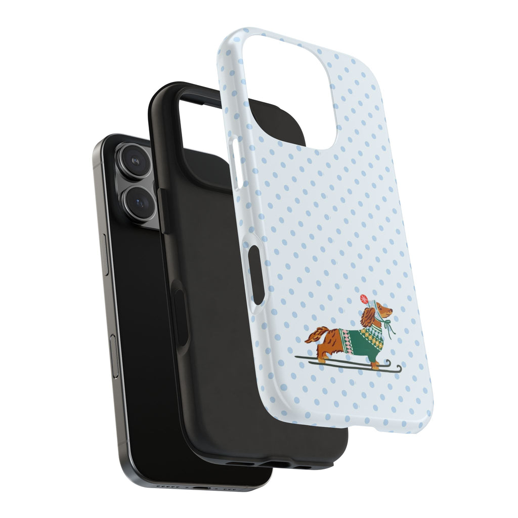 SNOW BLUE POLKA DOTS DACHSHUND CHRISTMAS SKI SLOPES PHONE CASE