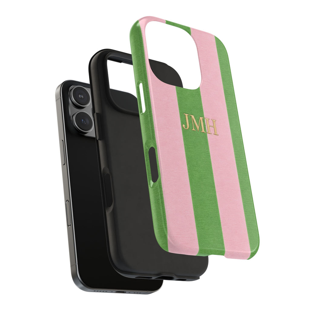 PERSONALIZED APPLE GREEN & PINK VELVET STRIPES INITIALS NAME CUSTOM PHONE CASE