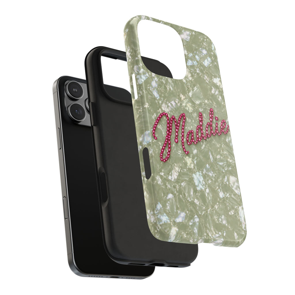PERSONALIZED SAGE GREEN VELVET ICE RHINESTONE CUSTOM NAME PHONE CASE