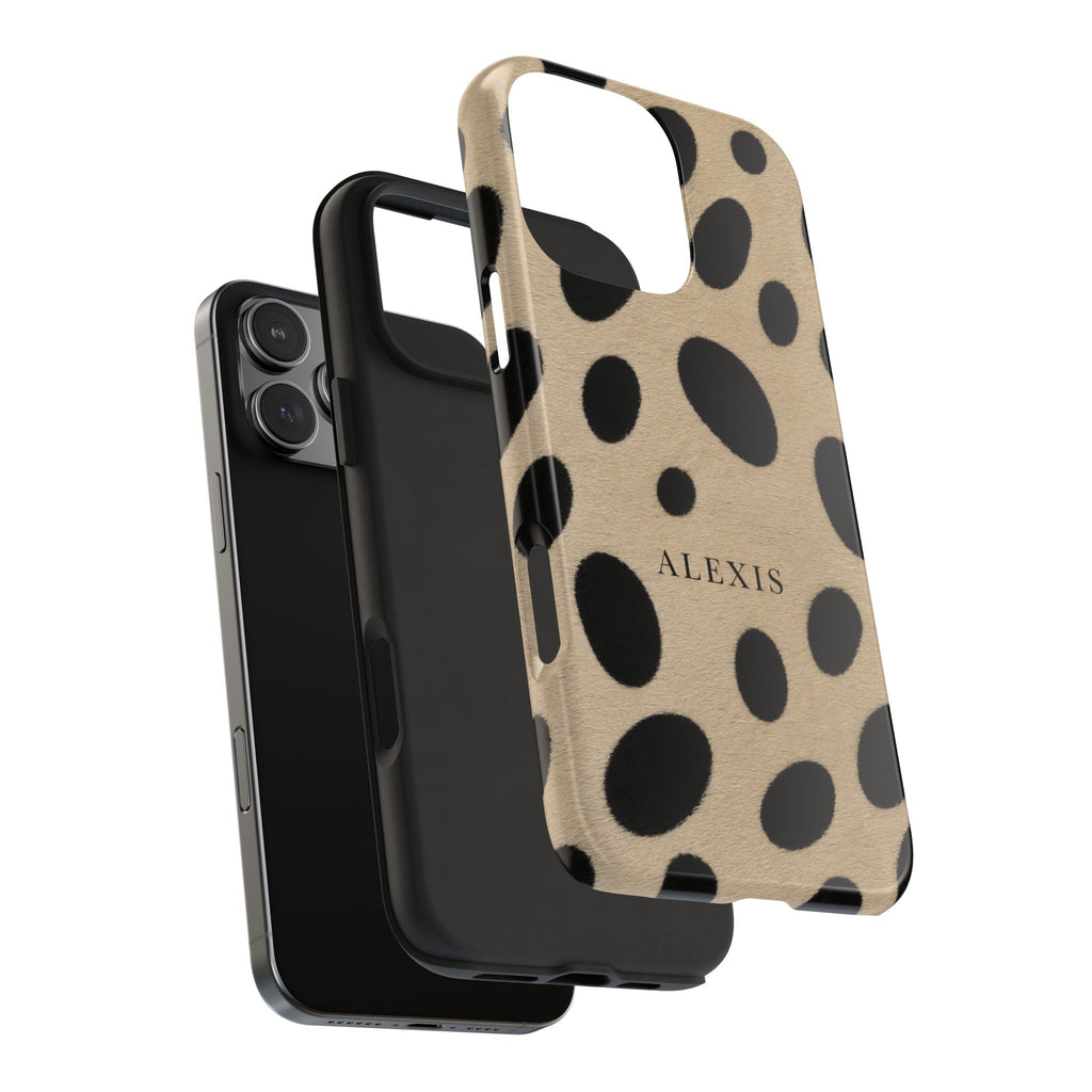 PERSONALIZED BEIGE & BLACK DOTS CUSTOM GOLD NAME PHONE CASE