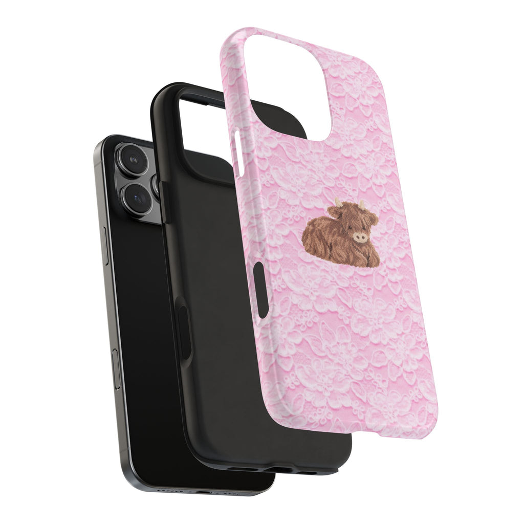 PINK LACE HIGHLAND COW PHONE CASE
