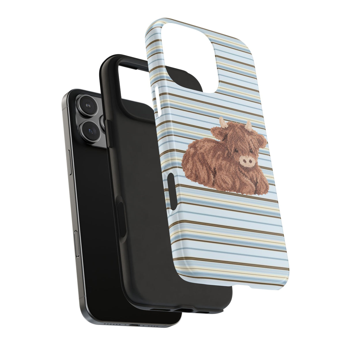 COCOA BLUE STRIPES HIGHLAND COW PHONE CASE