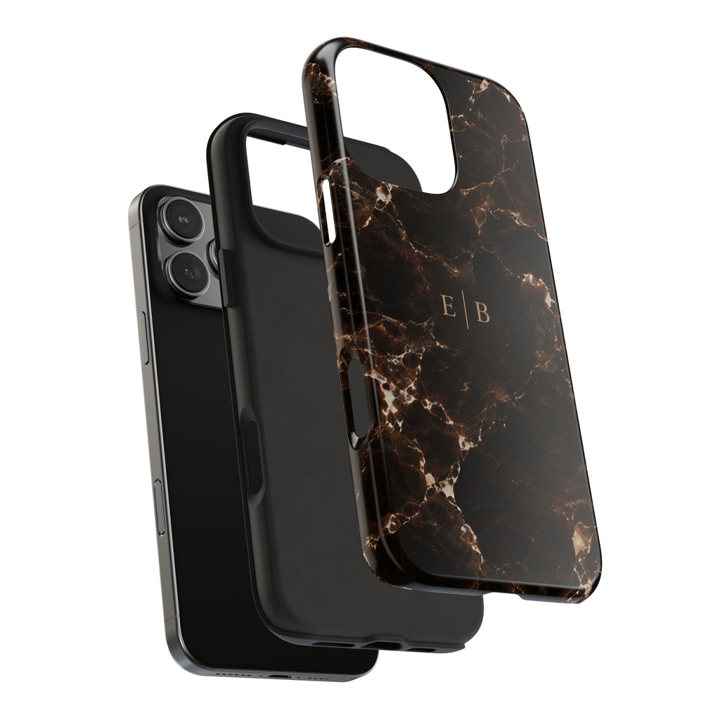PERSONALIZED DARK BROWN MARBLE MONOGRAM INITIALS CUSTOM NAME PHONE CASE