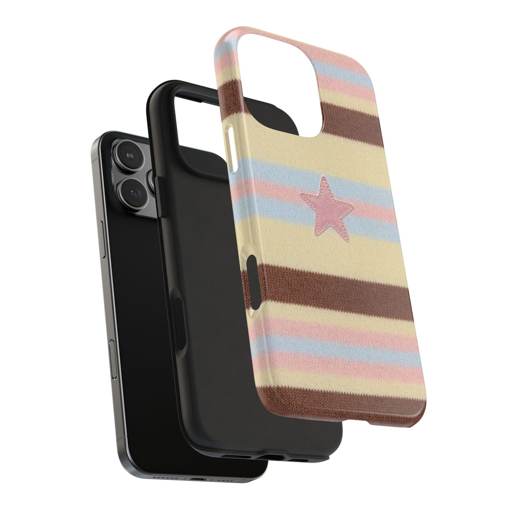 Pastel striped phone case with pink star, shown in side view with camera opening