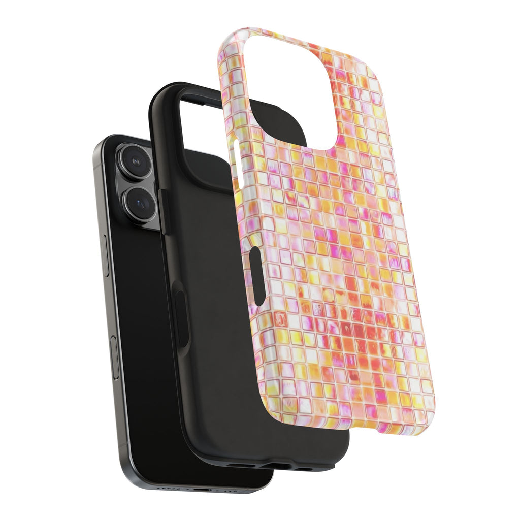 Mosaic phone case with pink tile pattern; shows side buttons and camera opening