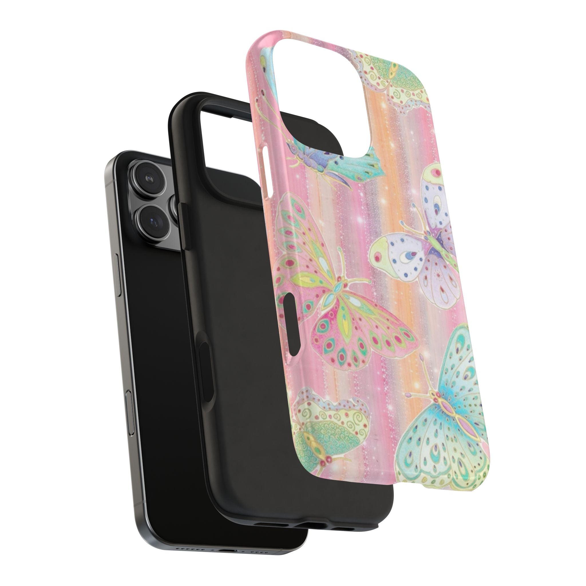 Butterfly fairy phone case angled to show teal and pink butterflies over pastel background