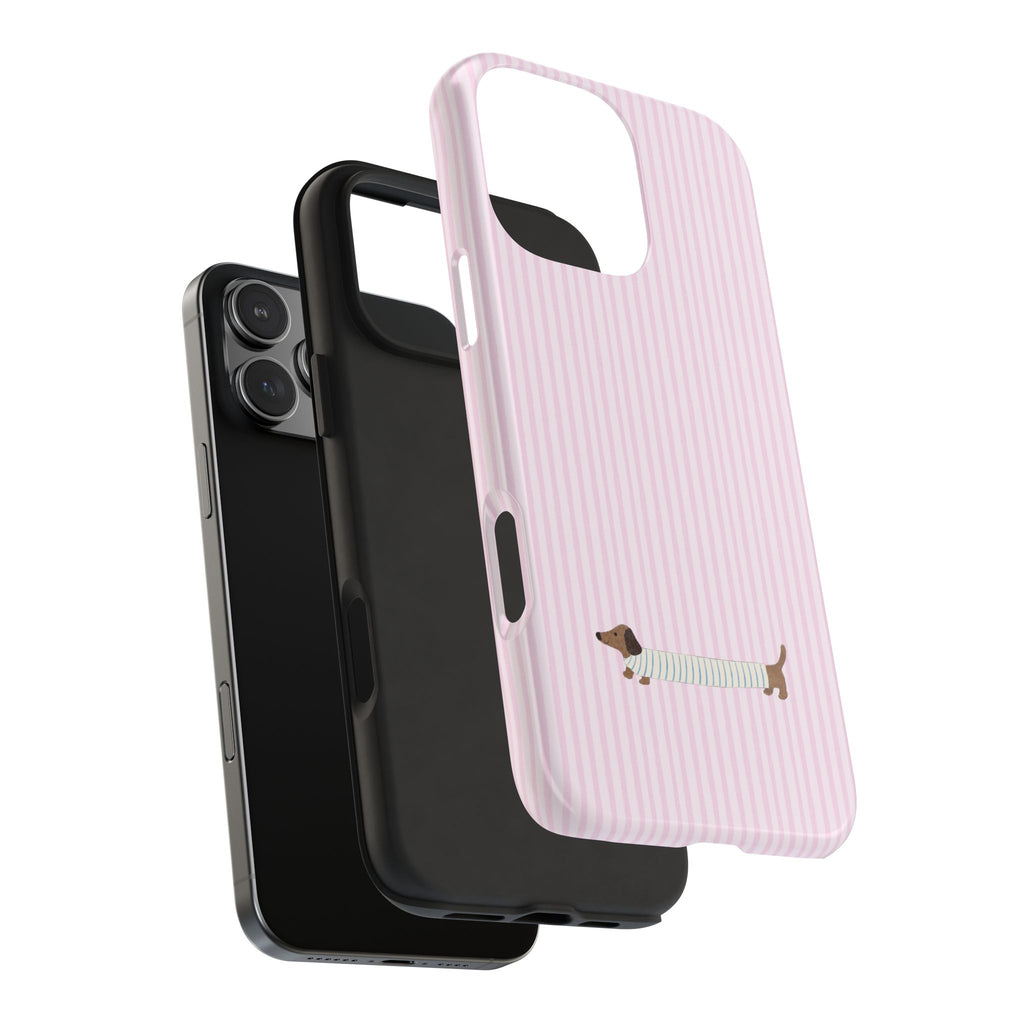Phone case with pink vertical stripes and dachshund puppy graphic, side button openings