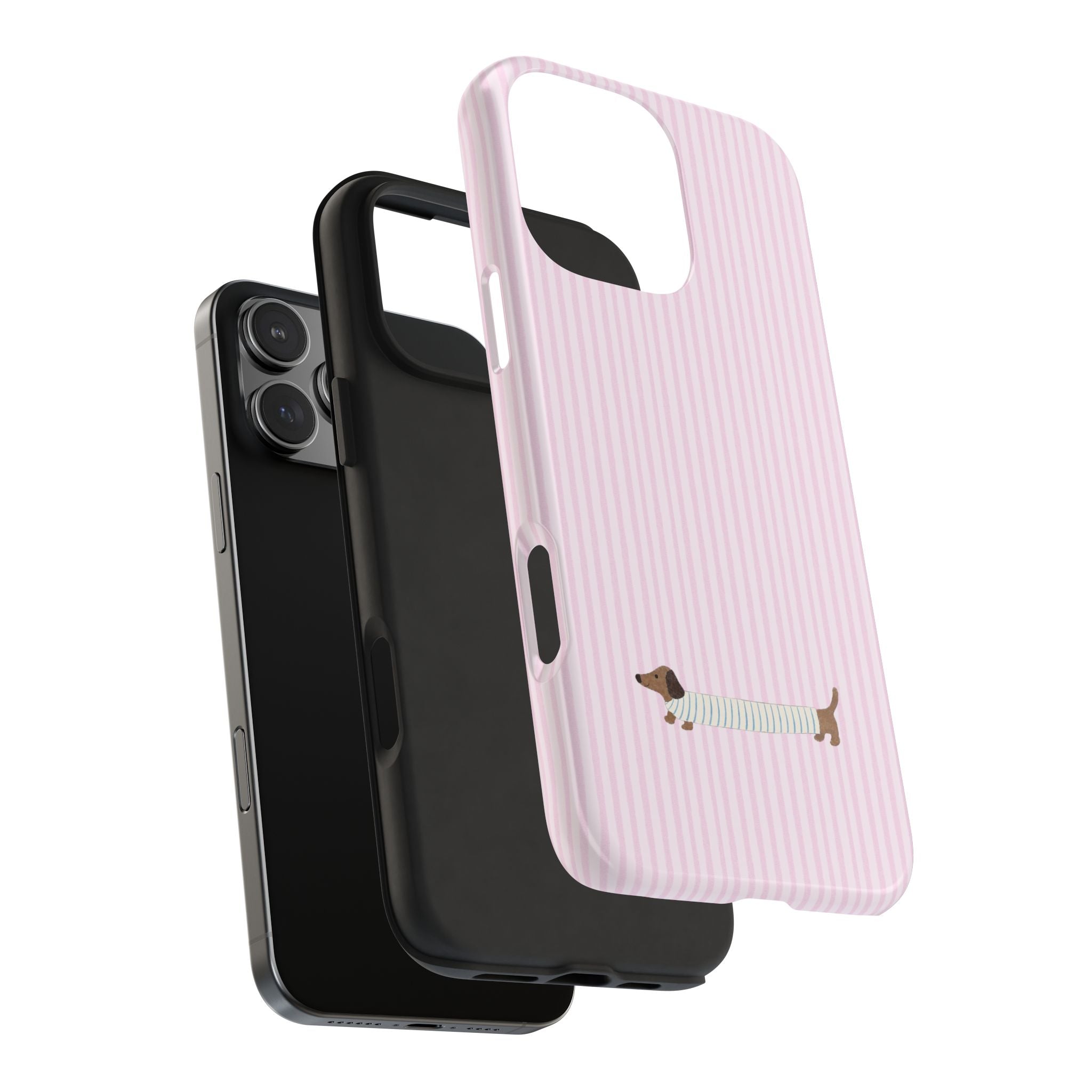Phone case with pink vertical stripes and dachshund puppy graphic, side button openings