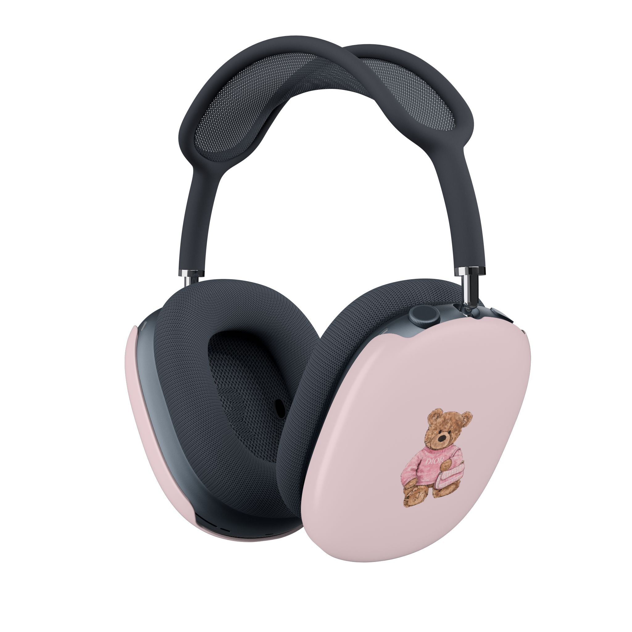 Pink earcup case cover with teddy bear and Dior logo on AirPods Max