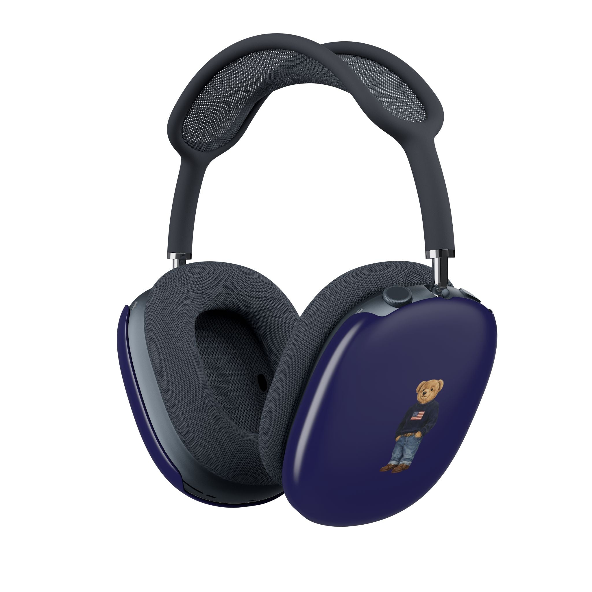 Navy AirPods Max case cover with teddy bear graphic on side shell
