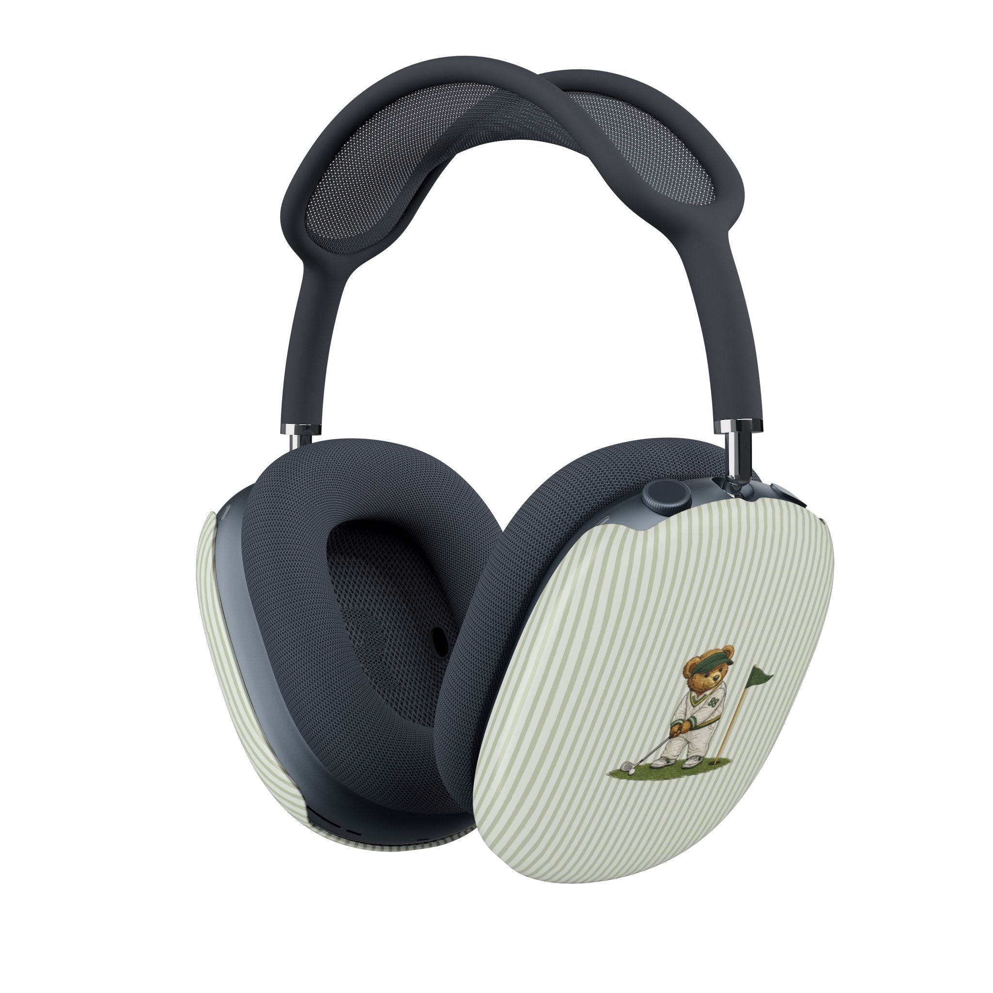 Green striped earcup cover featuring teddy bear golfer artwork on AirPods Max