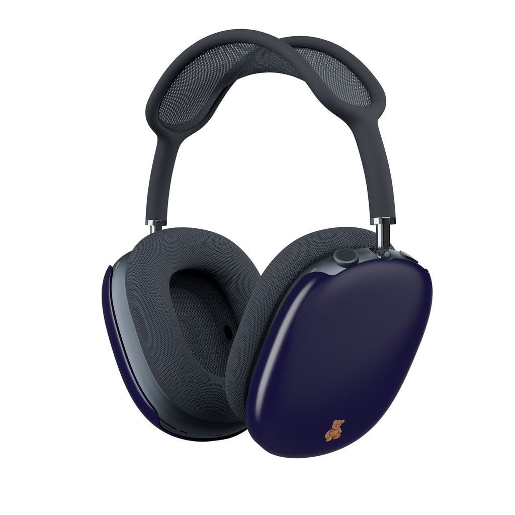 Navy AirPods Max case cover on earcup with teddy bear patch