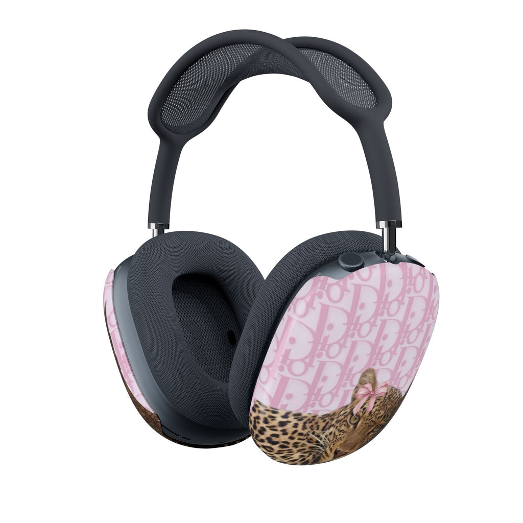 AirPods Max case cover on headset with pink Dior pattern and cheetah print