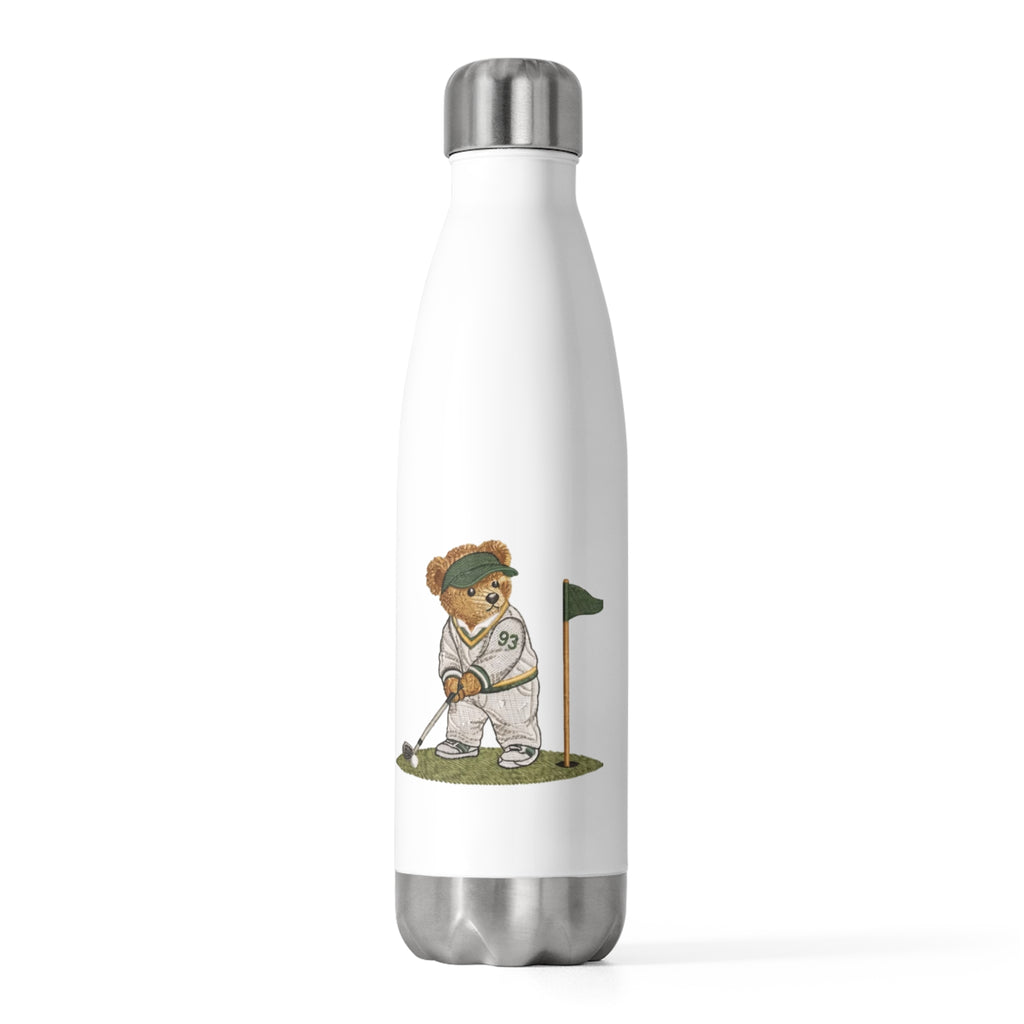 White stainless steel water bottle with teddy bear golfer holding a flag graphic