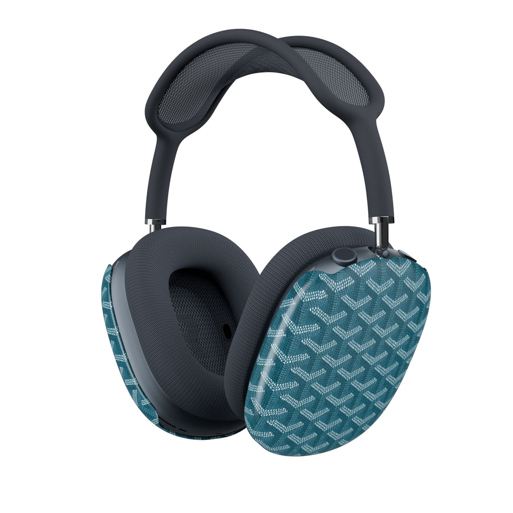 Teal Goyard-pattern AirPods Max ear cup covers on black headphones
