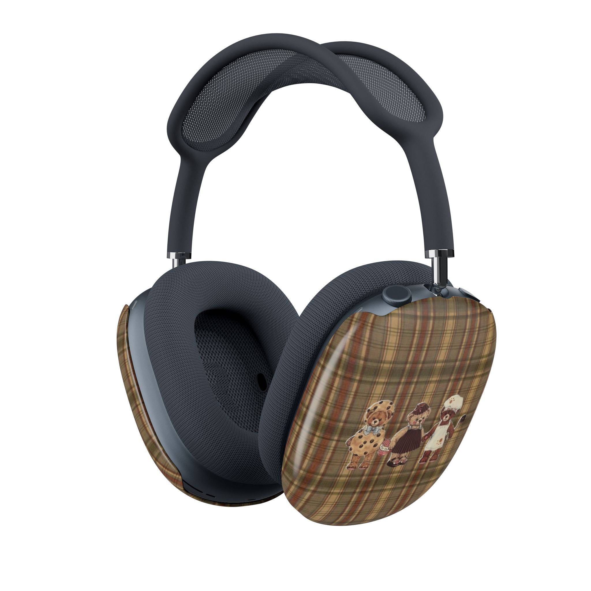 Brown plaid ear cup cover for AirPods Max with teddy bear character print