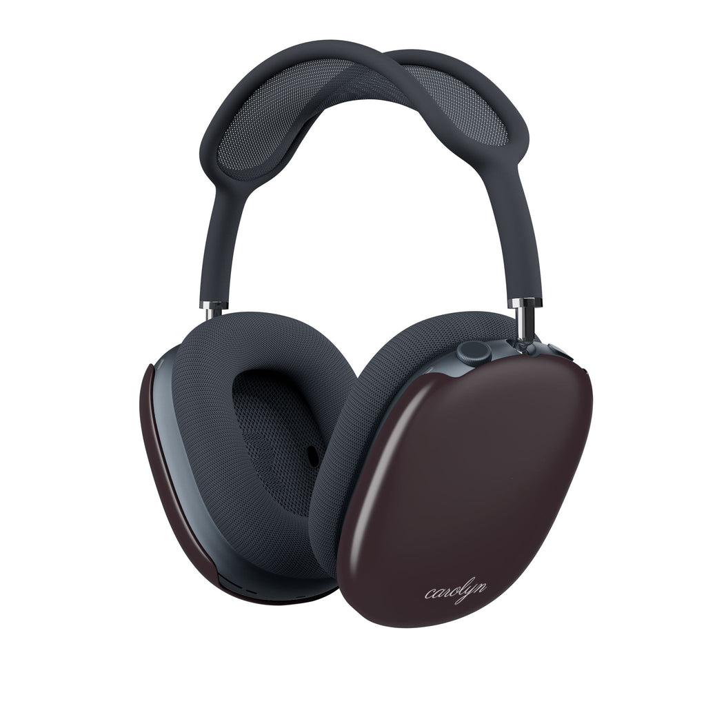Plum AirPods Max earcup covers with “carolyn” and dark gray ear cushions